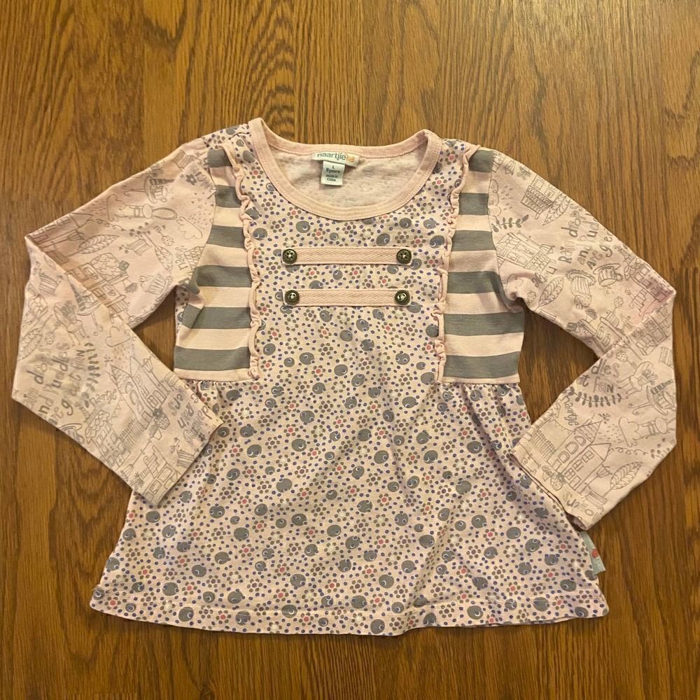 Naartjie Kids Pink & Gray Striped and Polka Dotted Long Sleeve Shirt Size 6